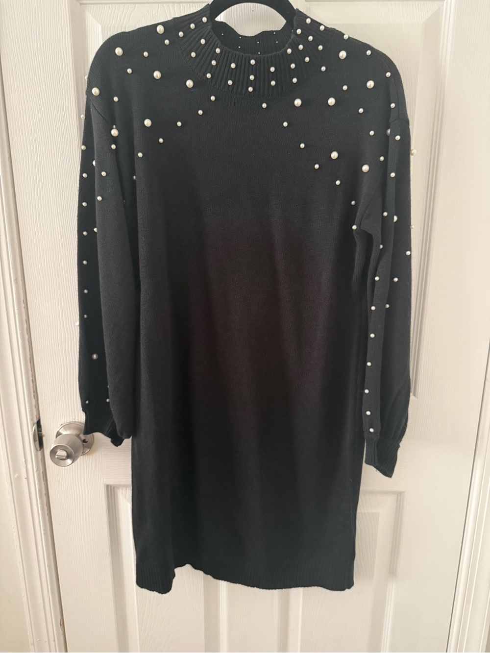 SHEIN Black Pearl-Studded Knit Mini Dress
